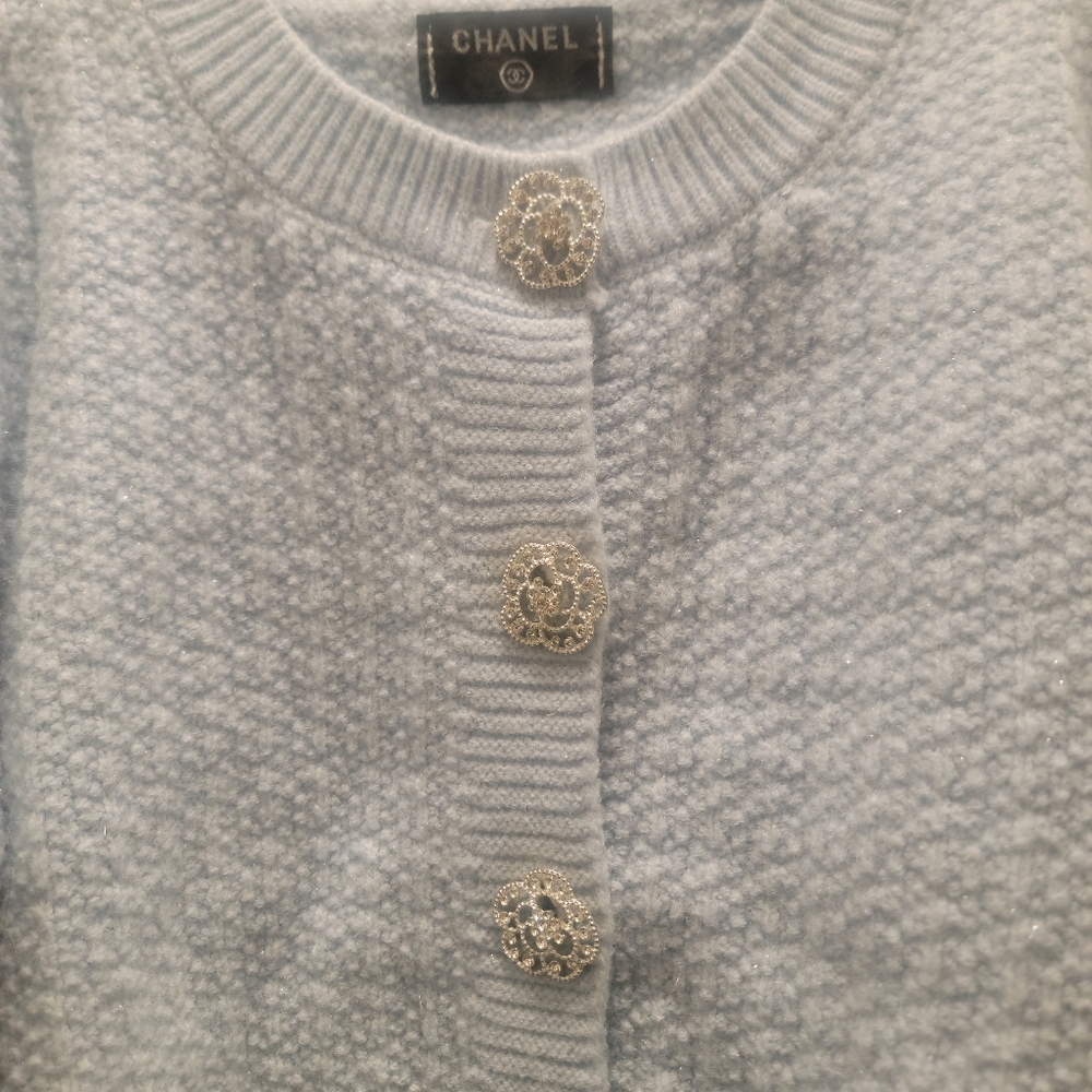 Chanel Soft Blue Cardigan with Silver Diamond Like Accents